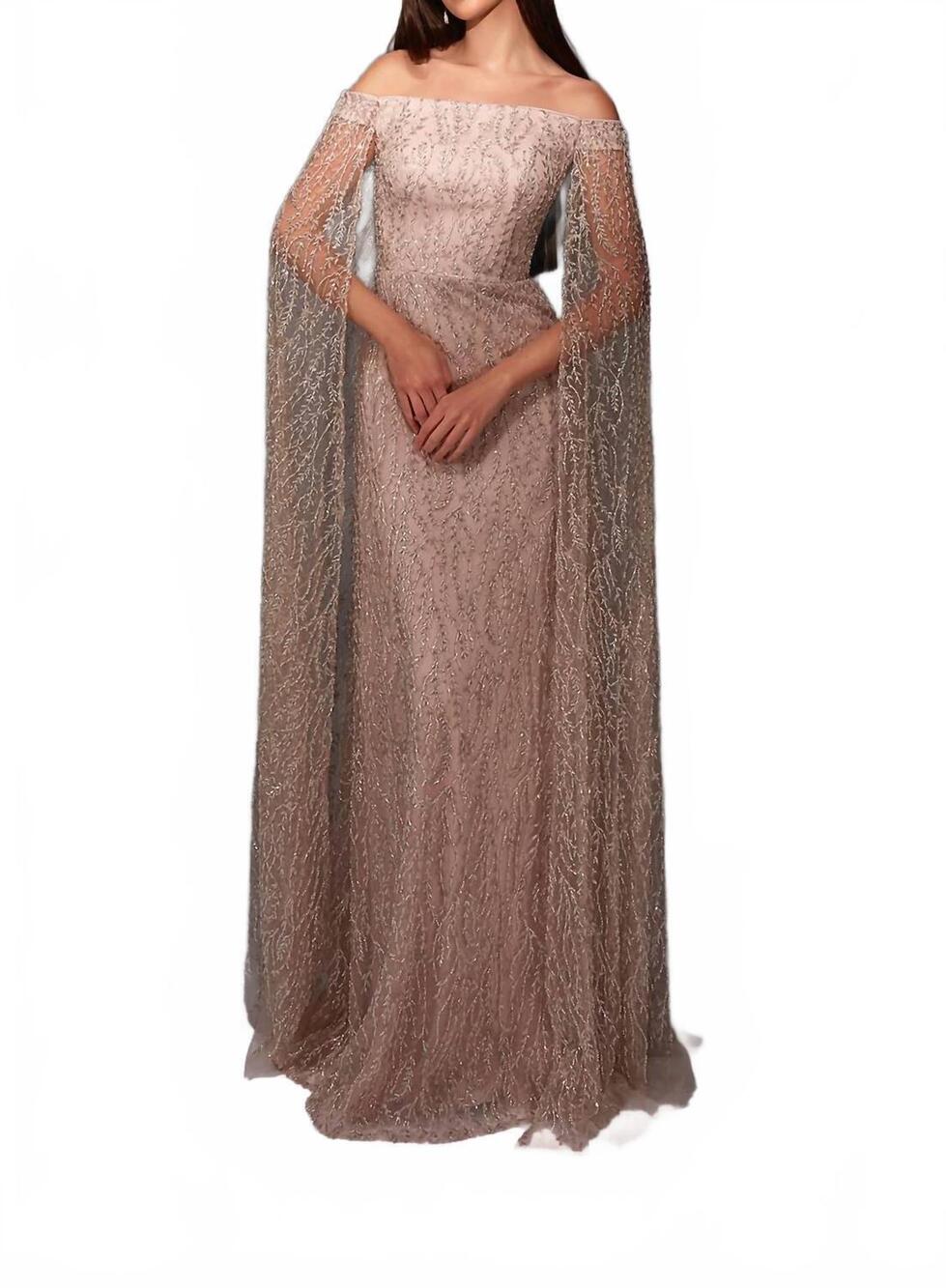 NEW ALYCE PARIS floor-length sleeves glitter dress in sultry blush